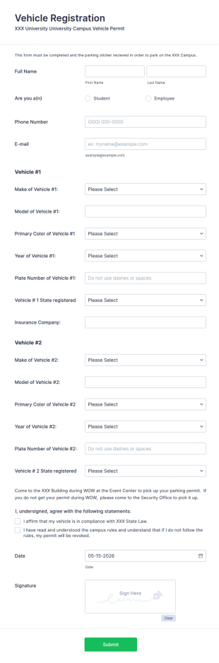 Vehicle Registration Parking Permit Form Template