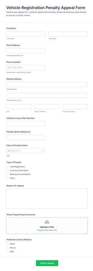 Vehicle Registration Penalty Appeal Form Template