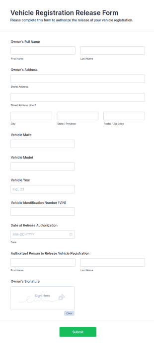 Vehicle Registration Release Form Template