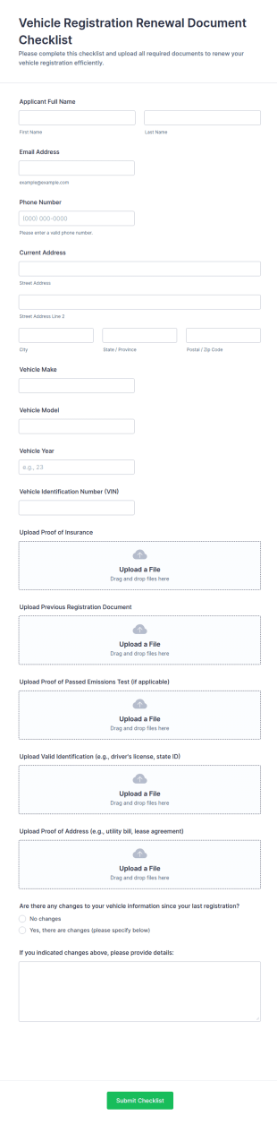Vehicle Registration Renewal Document Checklist Form Template