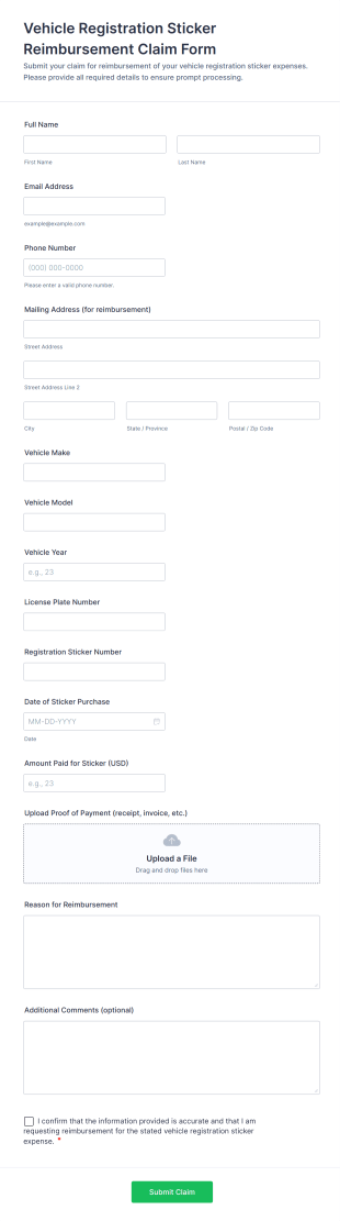 Vehicle Registration Sticker Reimbursement Claim Form Template
