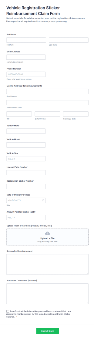 Vehicle Registration Sticker Reimbursement Claim Form Template