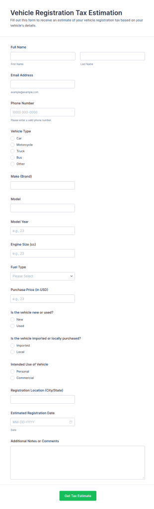 Vehicle Registration Tax Estimation Form Template