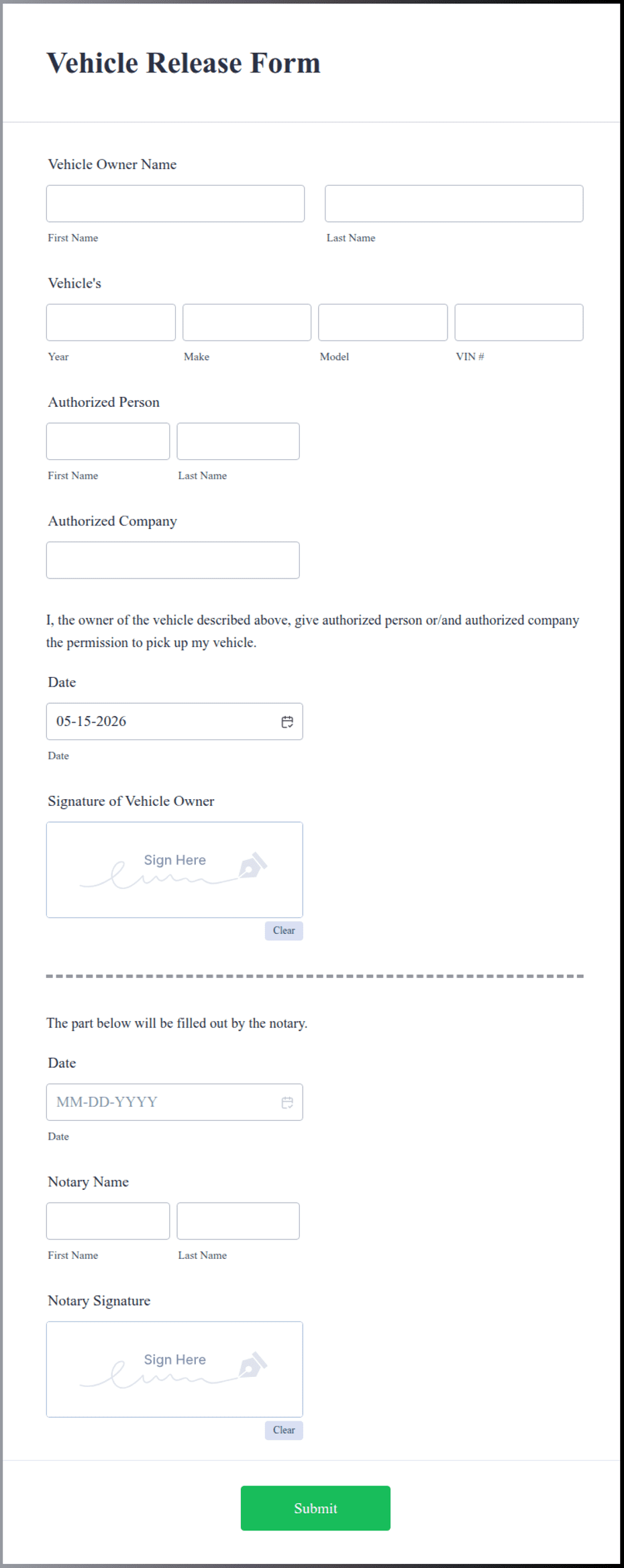 Vehicle Release Form Template Jotform