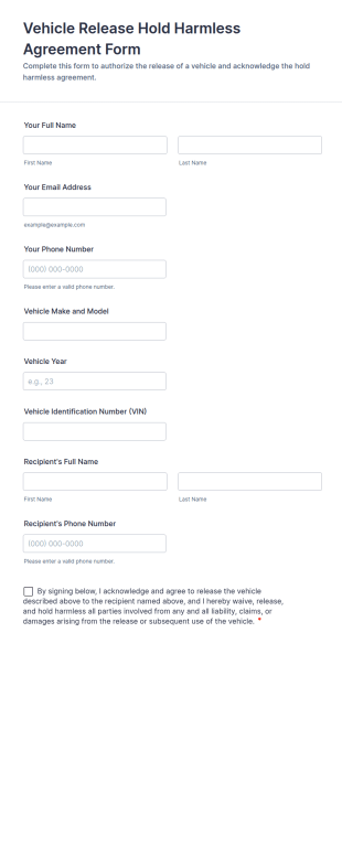 Vehicle Release Hold Harmless Agreement Form Template
