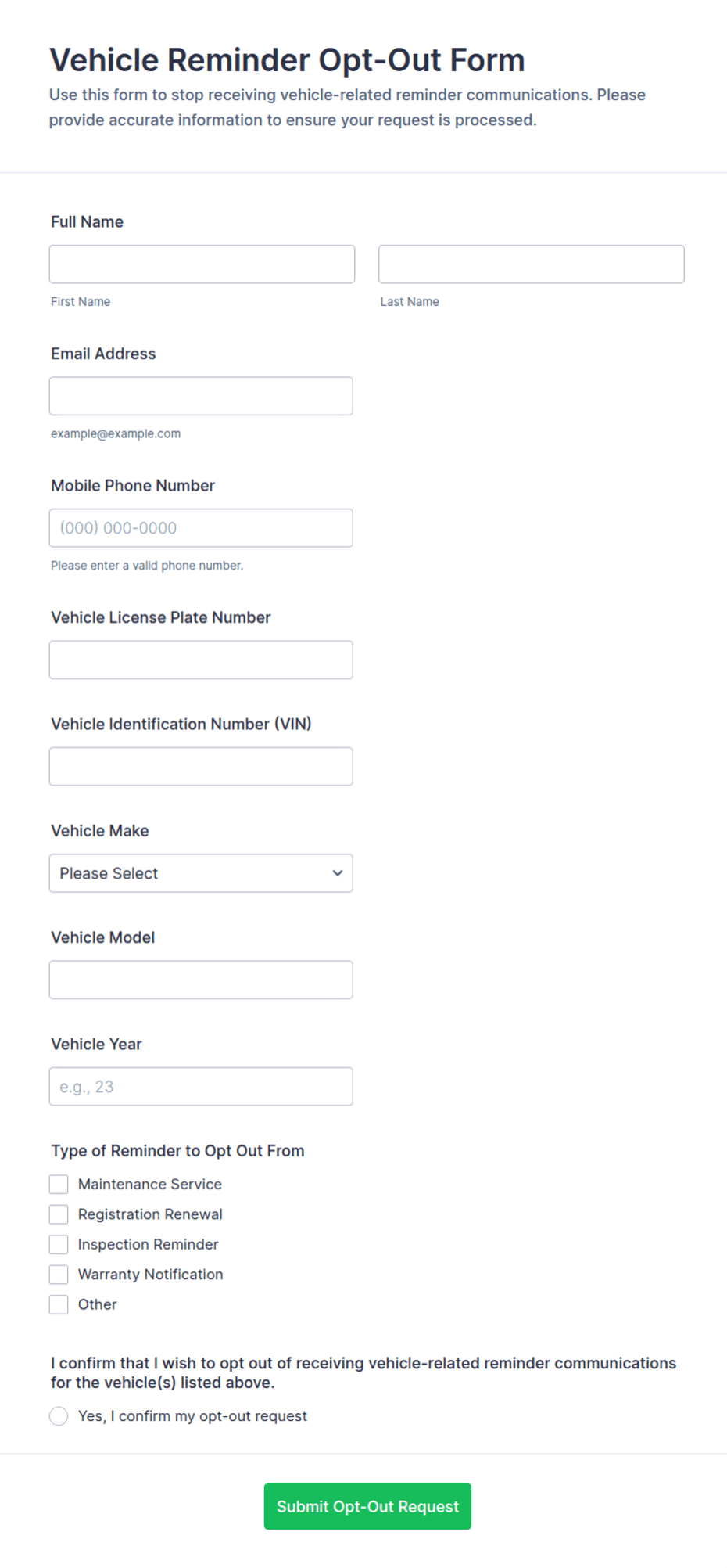 Contract Form Template.pdf Vehicle Reminder Opt-Out Form Template | Jotform