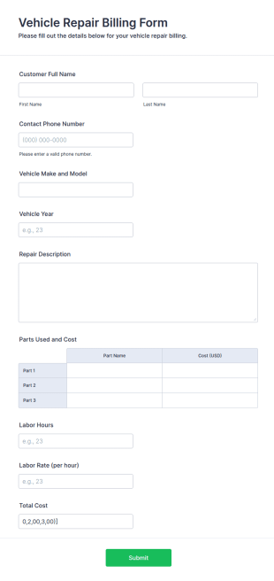 Vehicle Repair Billing Form Template