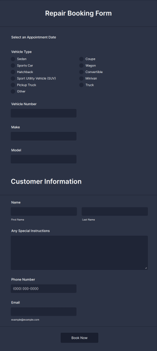 Vehicle Repair Booking Form Template