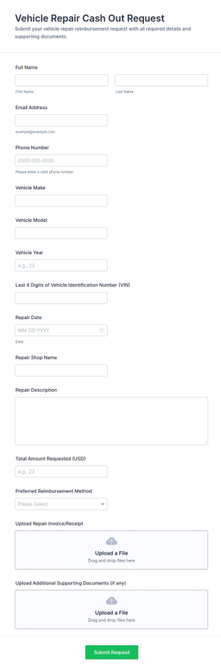 Vehicle Repair Cash Out Request Form Template