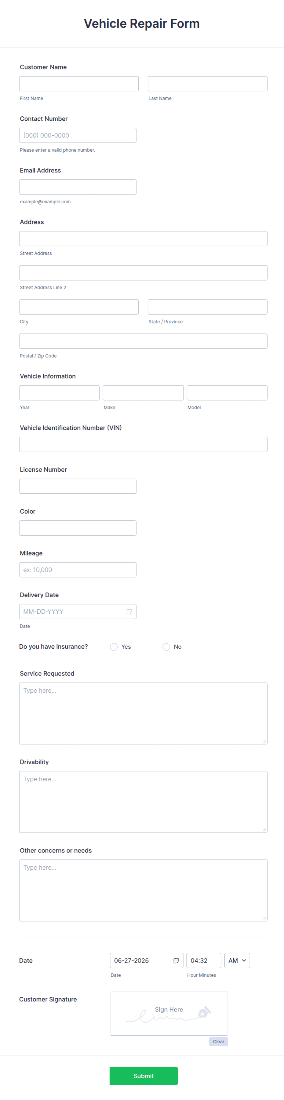 Collision Repair Drop Off Form.pdf Vehicle Repair Form Template | Jotform