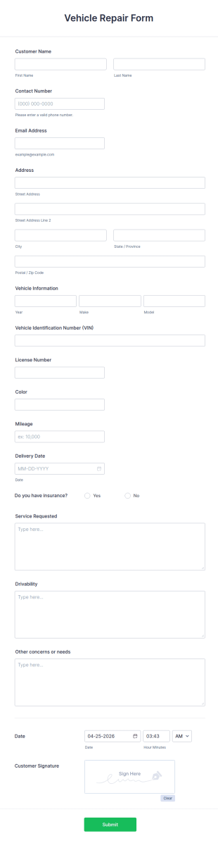 Vehicle Repair Form Template