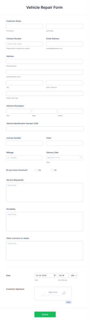 Vehicle Repair Form Template