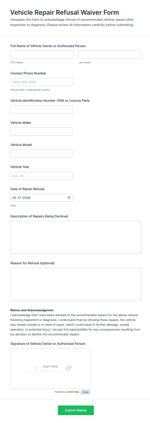 Vehicle Repair Refusal Waiver Form Template