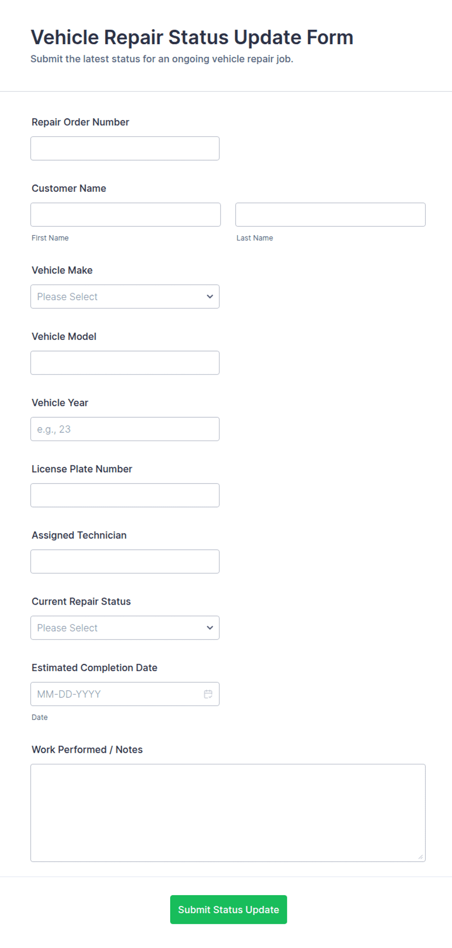 Vehicle Repair Status Update Form Template | Jotform