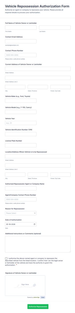Vehicle Repossession Authorization Form Template