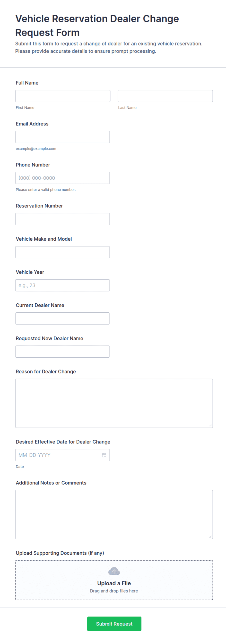 Vehicle Reservation Dealer Change Request Form Template | Jotform