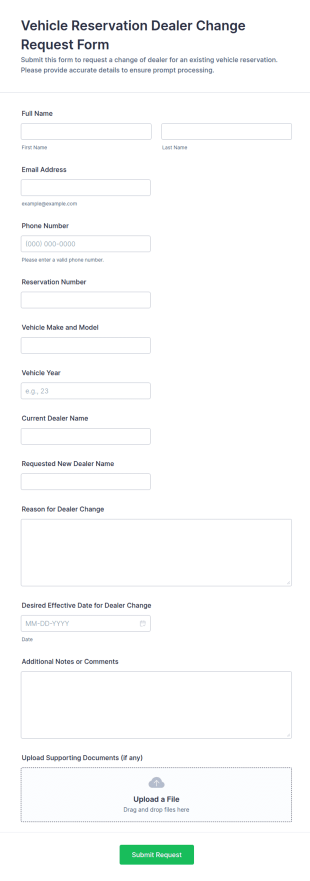 Vehicle Reservation Dealer Change Request Form Template