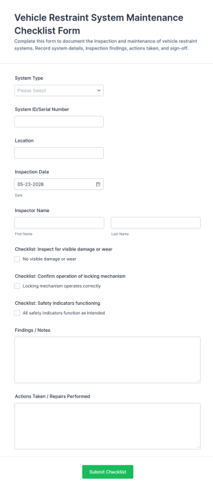 Vehicle Restraint System Maintenance Checklist Form Template