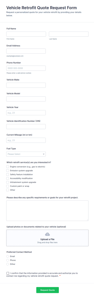 Vehicle Retrofit Quote Request Form Template