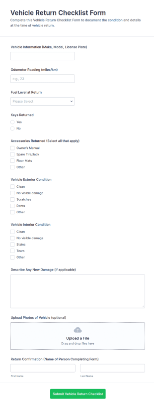 Vehicle Return Checklist Form Template