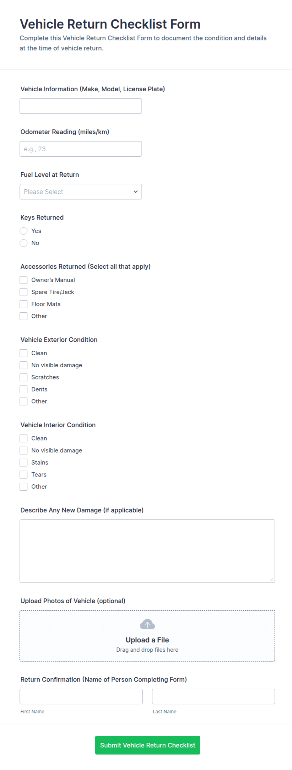 Vehicle Collection Note Example Vehicle Return Checklist Form Template | Jotform