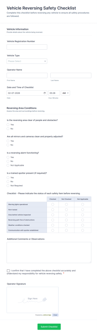 Vehicle Reversing Safety Checklist Form Template