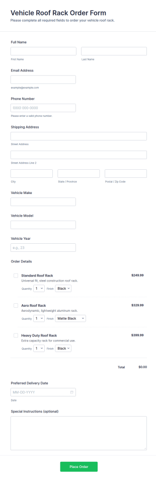 Vehicle Roof Rack Order Form Template