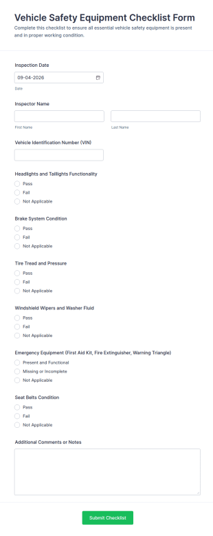 Vehicle Safety Equipment Checklist Form Template