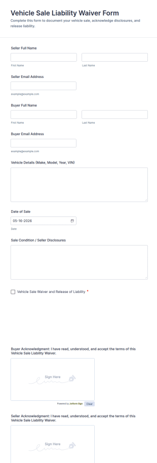 Vehicle Sale Liability Waiver Form Template