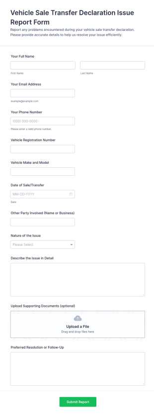 Vehicle Sale Transfer Declaration Issue Report Form Template