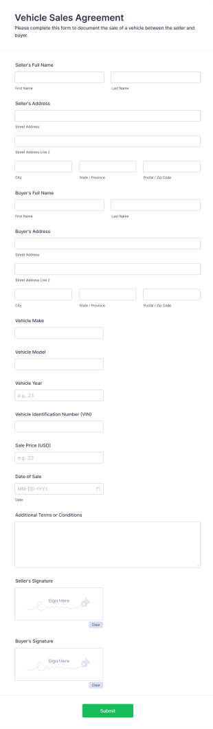 Vehicle Sales Agreement Form Template