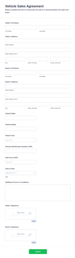 Vehicle Sales Agreement Form Template