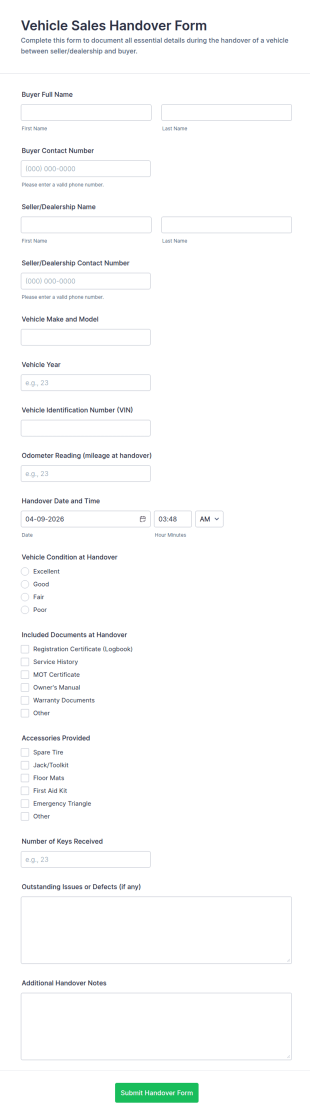 Vehicle Sales Handover Form Template