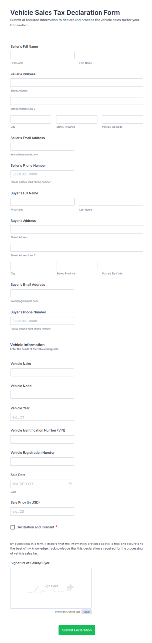 Vehicle Sales Tax Declaration Form Template