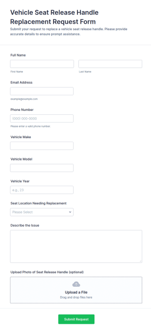 Vehicle Seat Release Handle Replacement Request Form Template