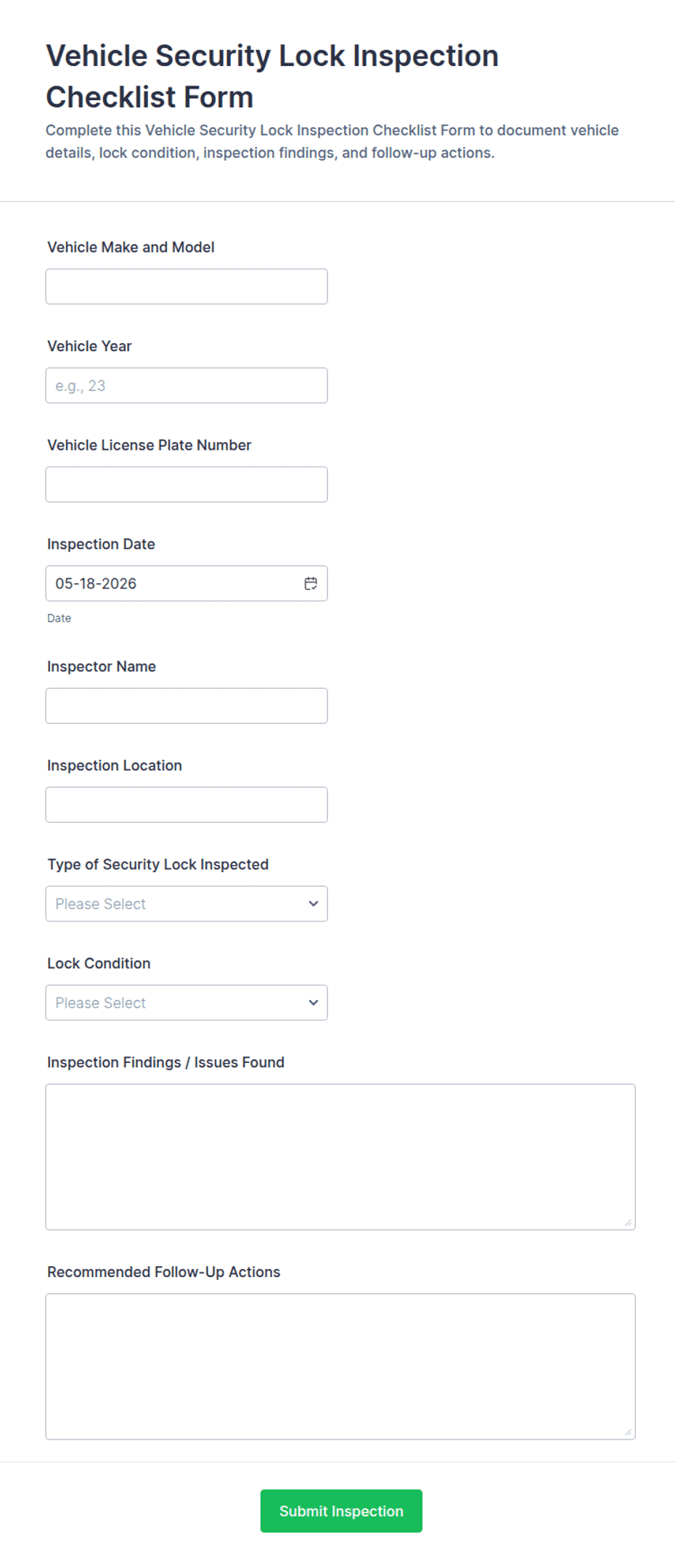 Vehicle Security Lock Inspection Checklist Form Template | Jotform