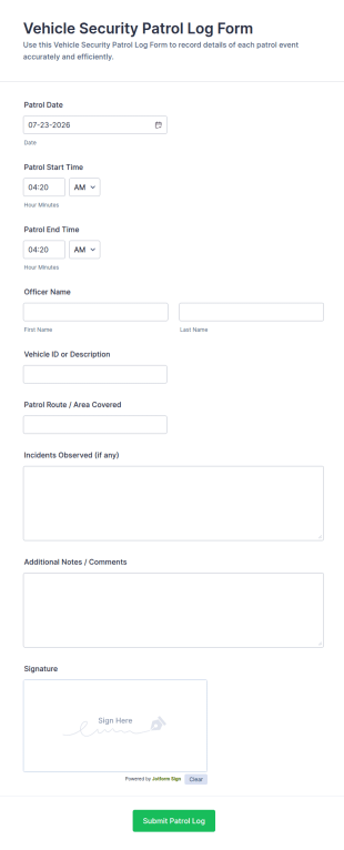 Vehicle Security Patrol Log Form Template