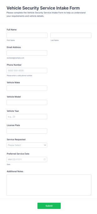 Vehicle Security Service Intake Form Template