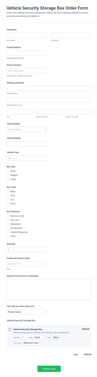 Vehicle Security Storage Box Order Form Template