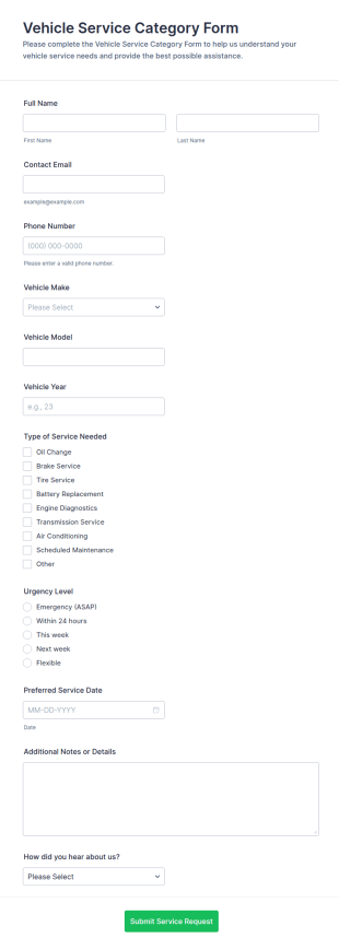 Vehicle Service Category Form Template