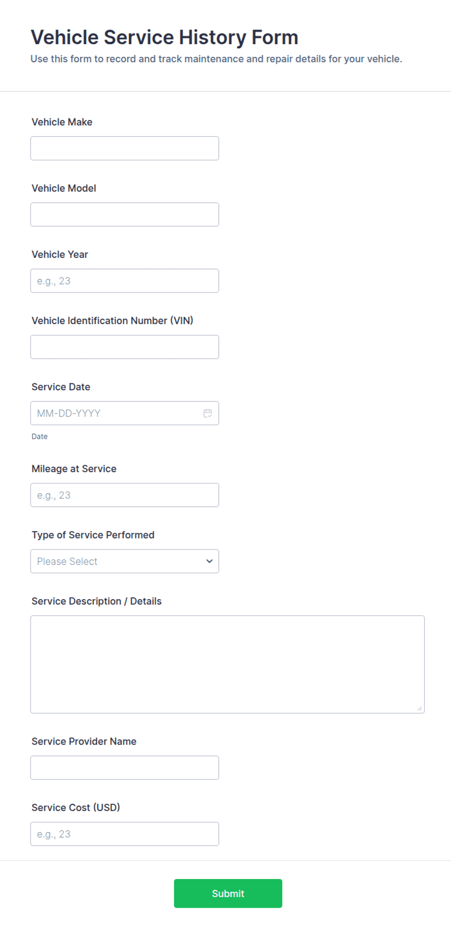 Vehicle Service History Form Template | Jotform