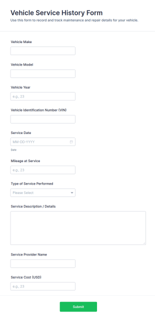 Vehicle Service History Form Template