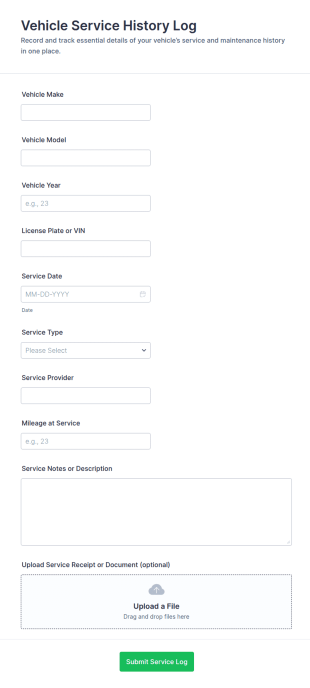 Vehicle Service History Log Form Template