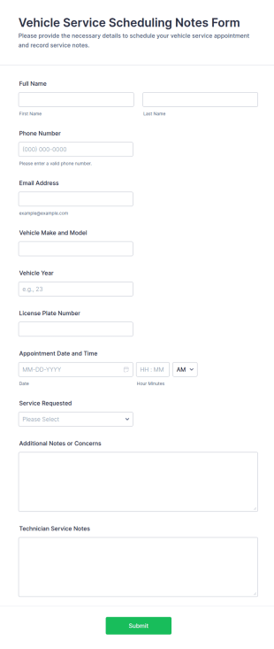 Vehicle Service Scheduling Notes Form Template