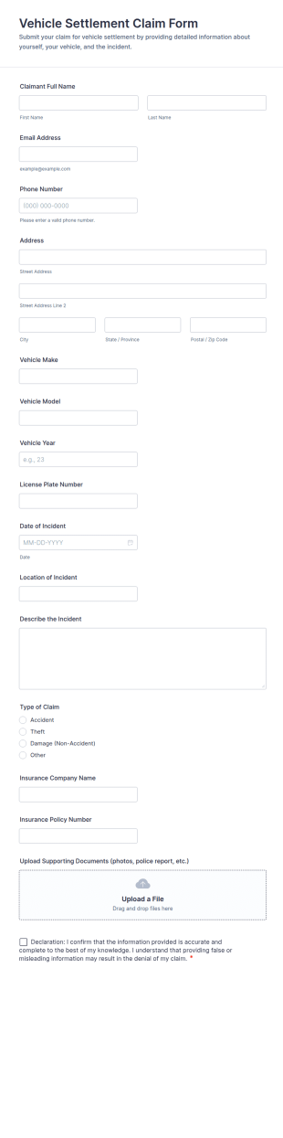 Vehicle Settlement Claim Form Template