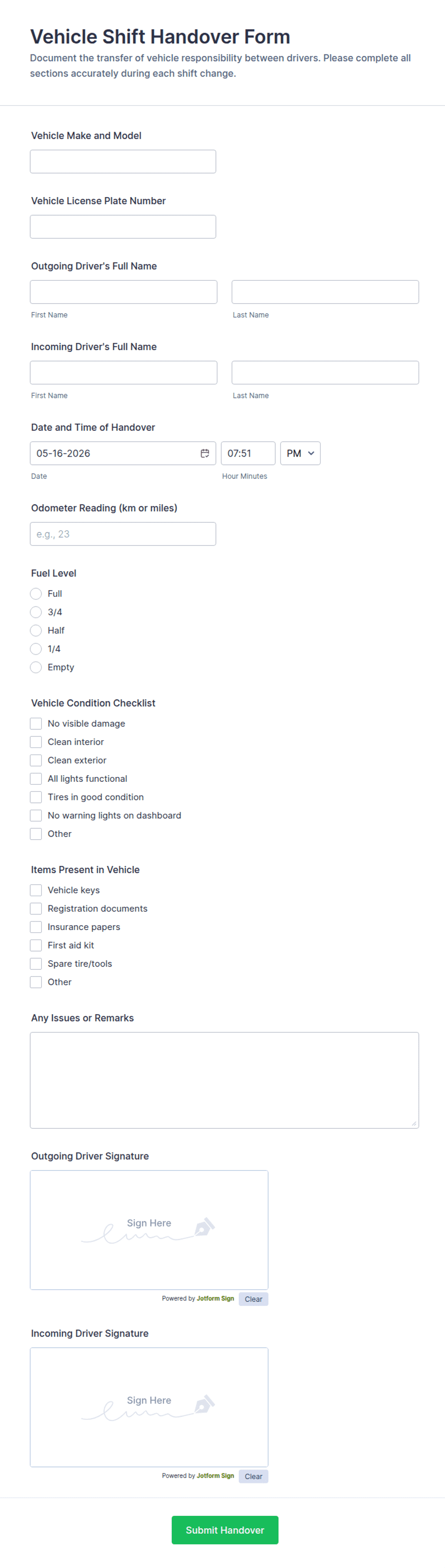 Vehicle Shift Handover Form Template | Jotform