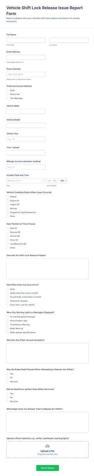 Vehicle Shift Lock Release Issue Report Form Template