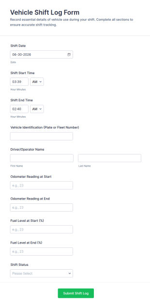 Vehicle Shift Log Form Template