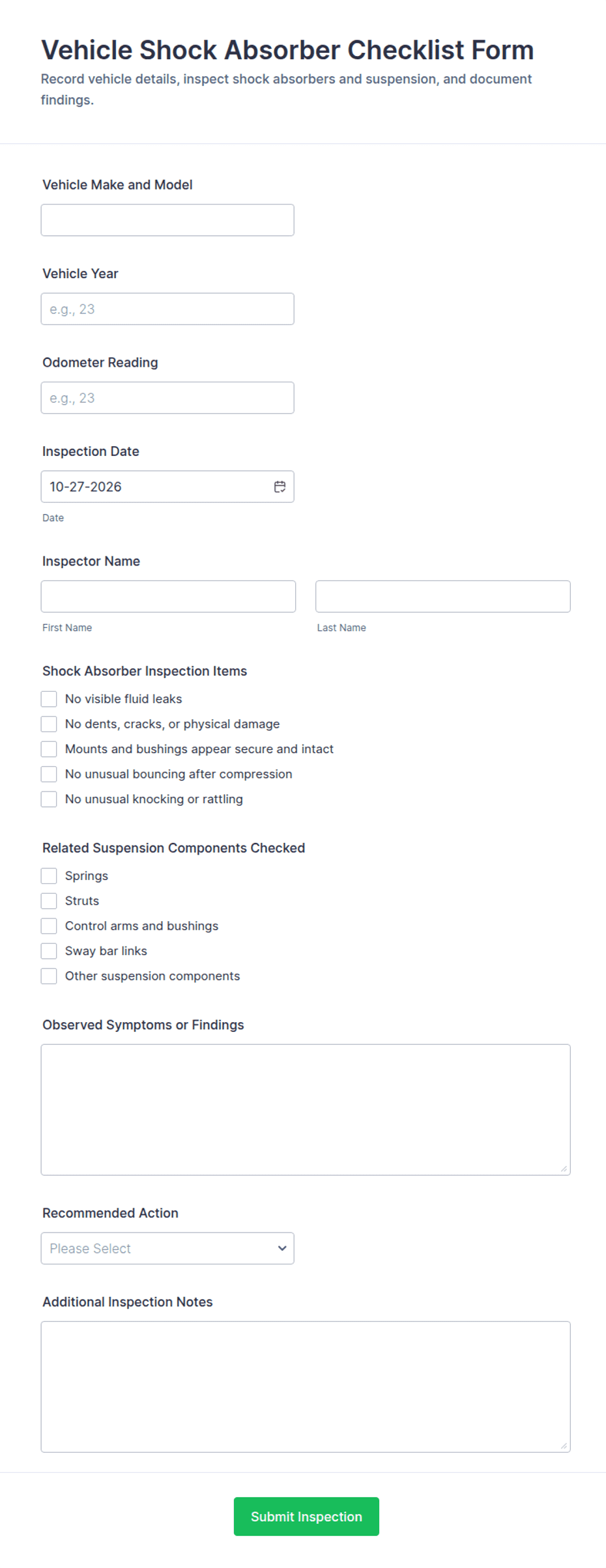 Vehicle Shock Absorber Checklist Form Template | Jotform