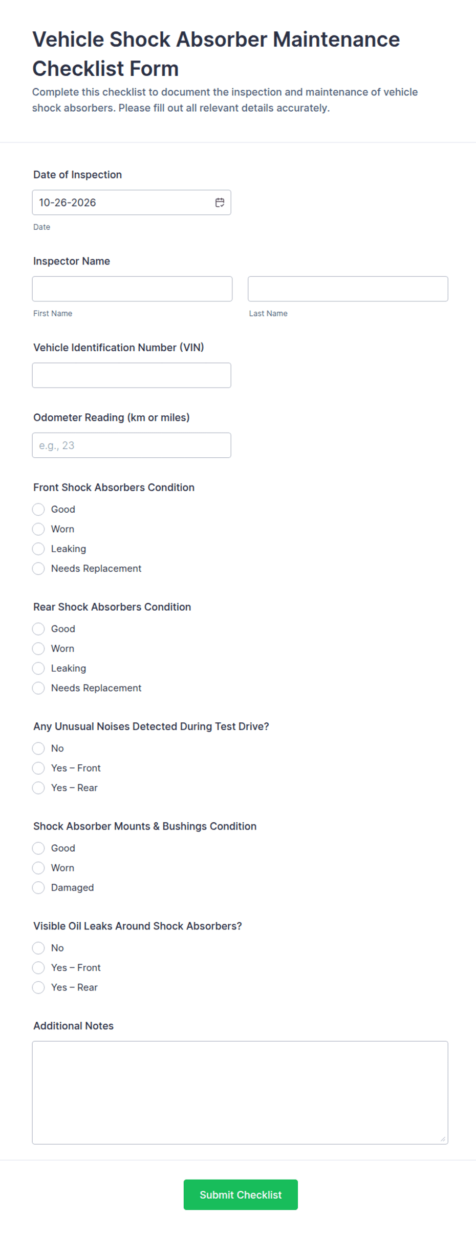 Vehicle Shock Absorber Maintenance Checklist Form Template | Jotform
